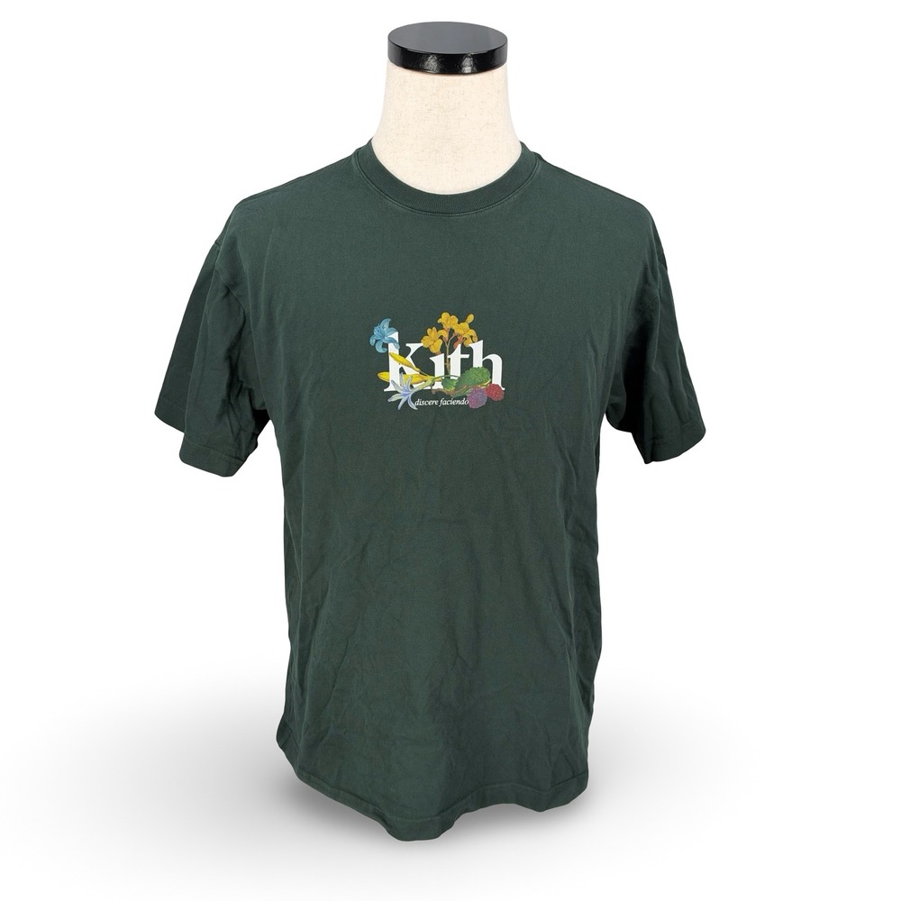 Kith Mens Discere Faciendo Floral Logo Graphic T-Shirt Dark Green Size Medium